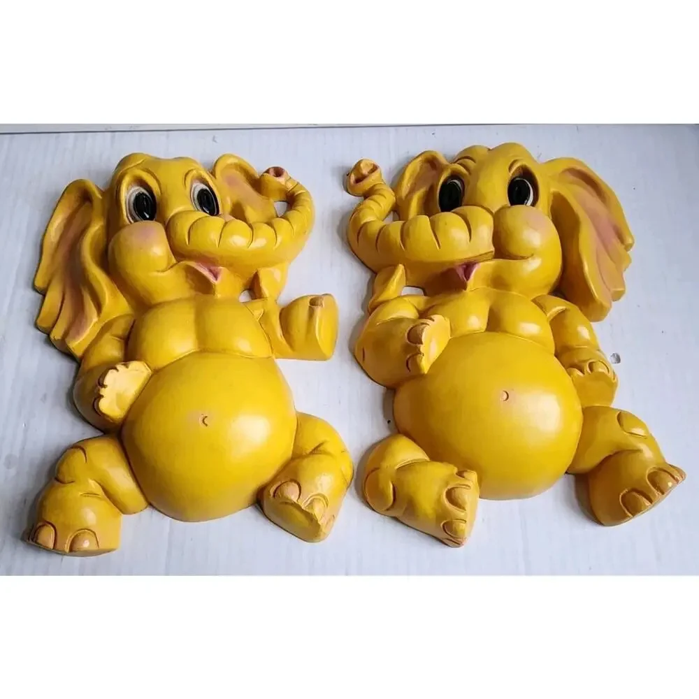 Vintage Homco Yellow Baby Elephant Wall Plaques Set Nursery Decor Retro 1970s